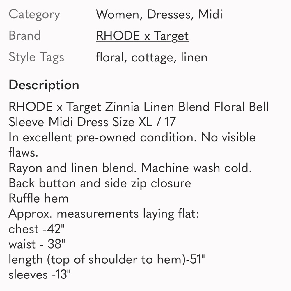 🕶️RHODE x Target Zinnia Linen Blend Floral Bell Sleeve Midi Dress Size XL / 17 - Picture 4 of 8